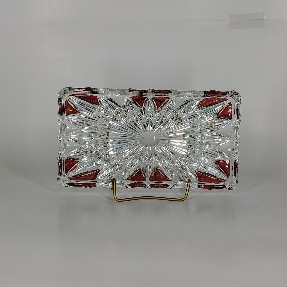 Cut Glass Butter Dish Clear With Ruby Red Accents Vintage
